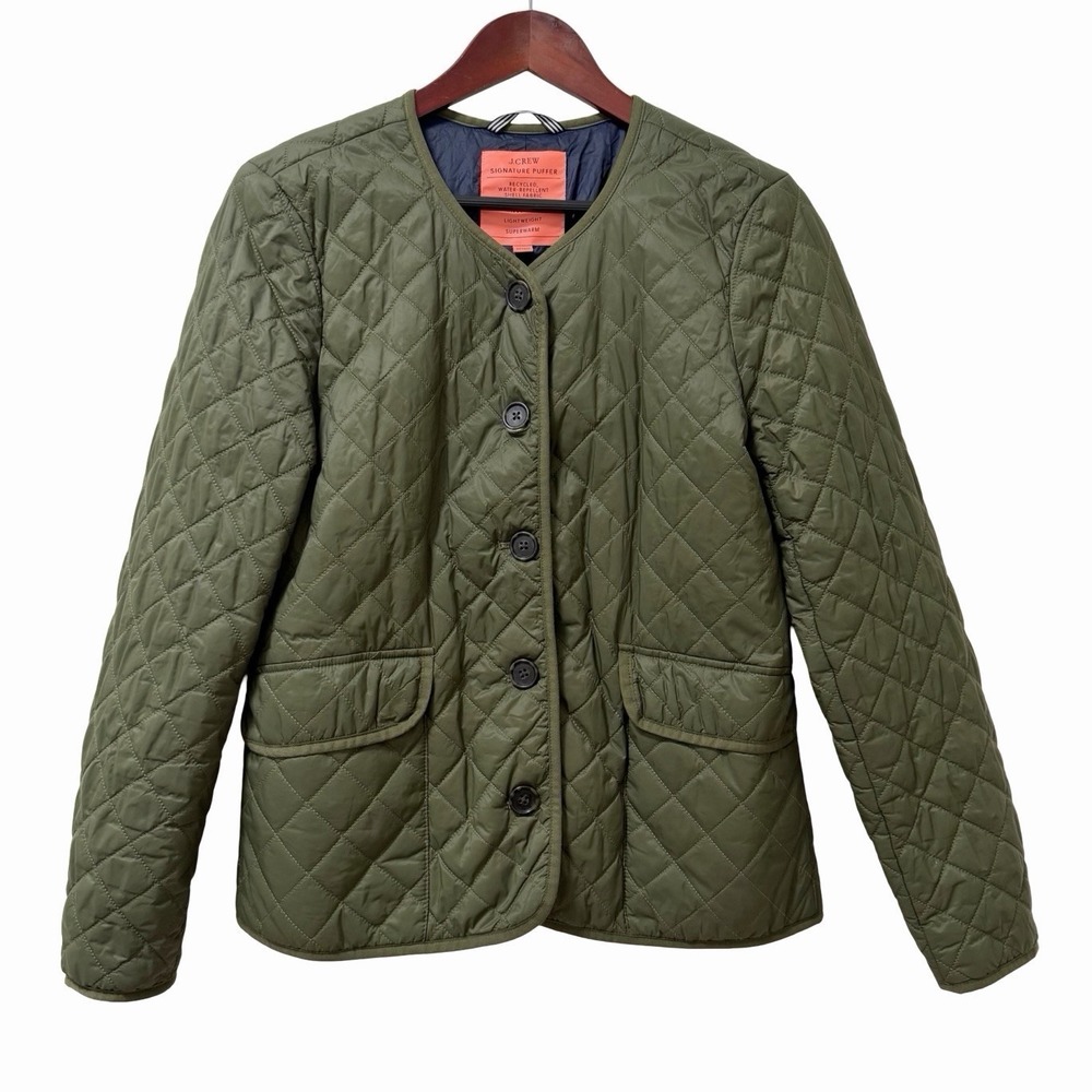 J Crew Womens Quilted Puffer PrimaLoft Lady Jacket Size 6 Green Packable Travel